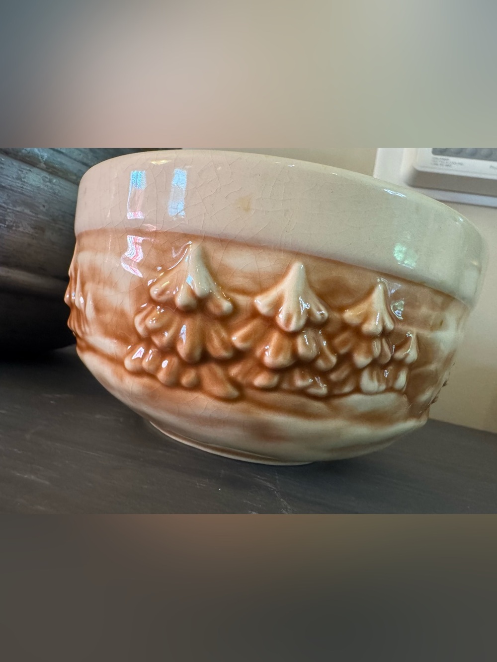 THT Designs Over The River 3D Ceramic Nesting Bowl Tree Pinecone Village Vintage